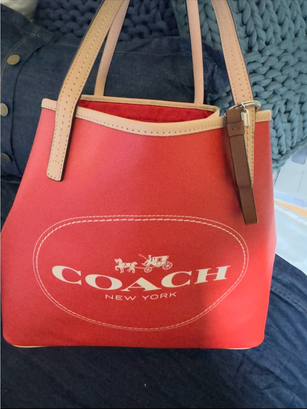 Coach New York Red Tote with Tan Handles bundle deal